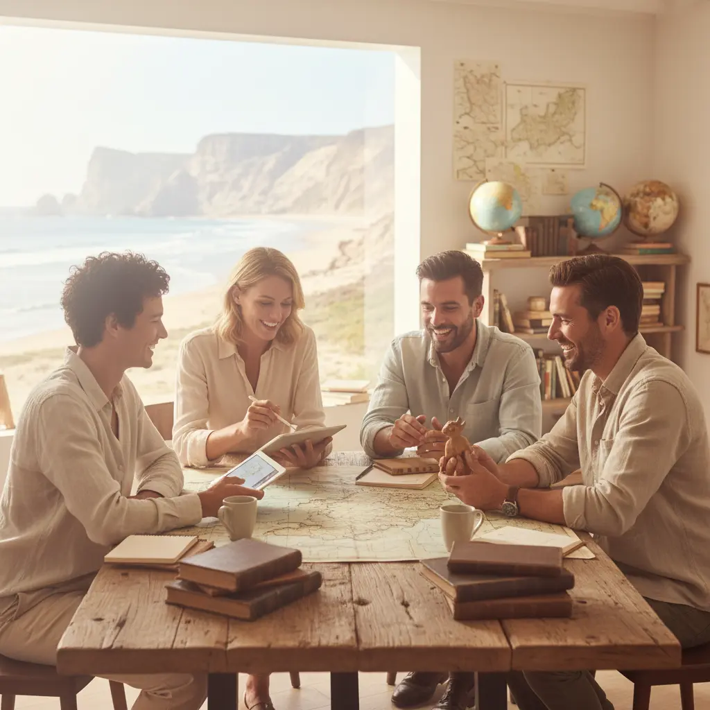 A collage of travel photos showing happy people and beautiful landscapes