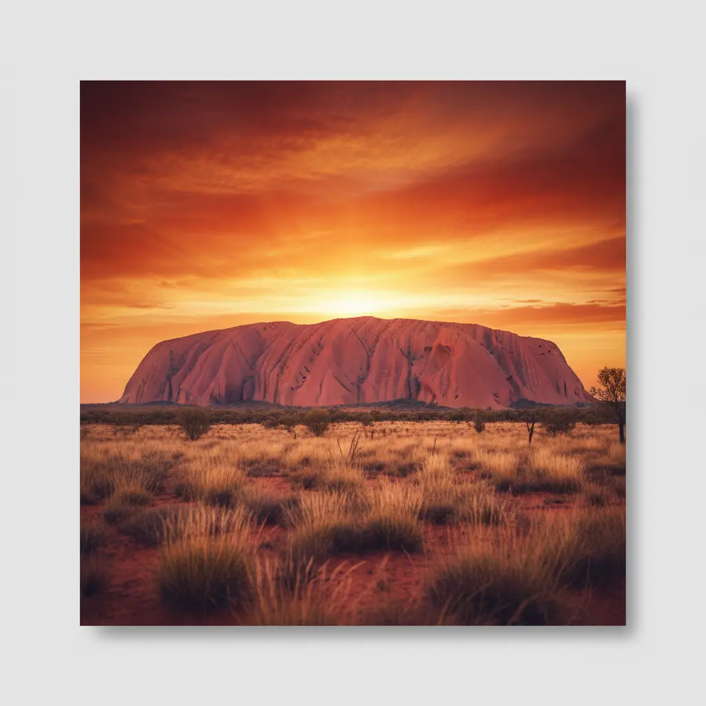 The massive sandstone monolith of Uluru at sunset